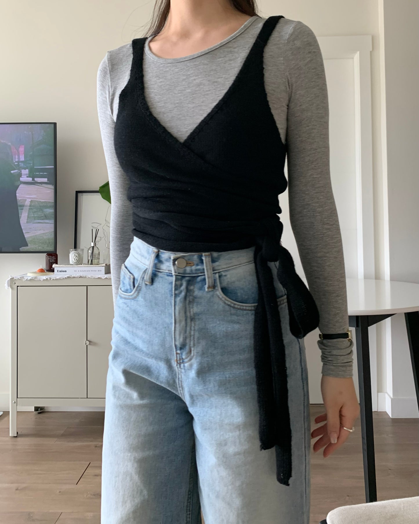 Bustier Wrap Knit Top (Black)