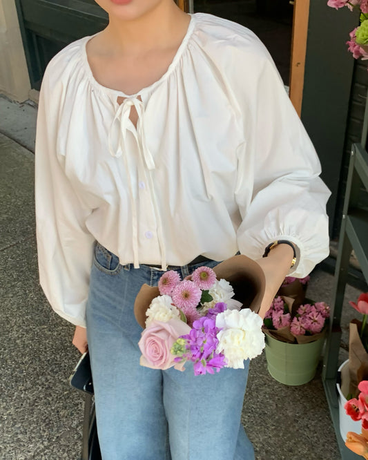 Shirred Neck Ribbon Blouse